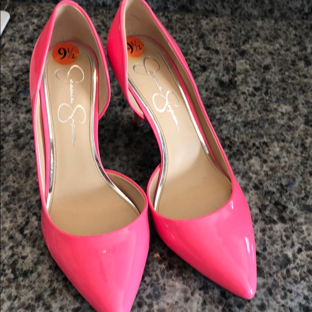 Pink patent leather pumps